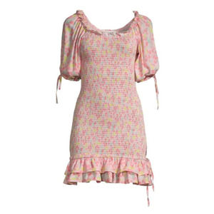 New 70°F/21°C Womans Large Floral Dress Puff Sleeve Pink Bodycon Smoked Ruffle